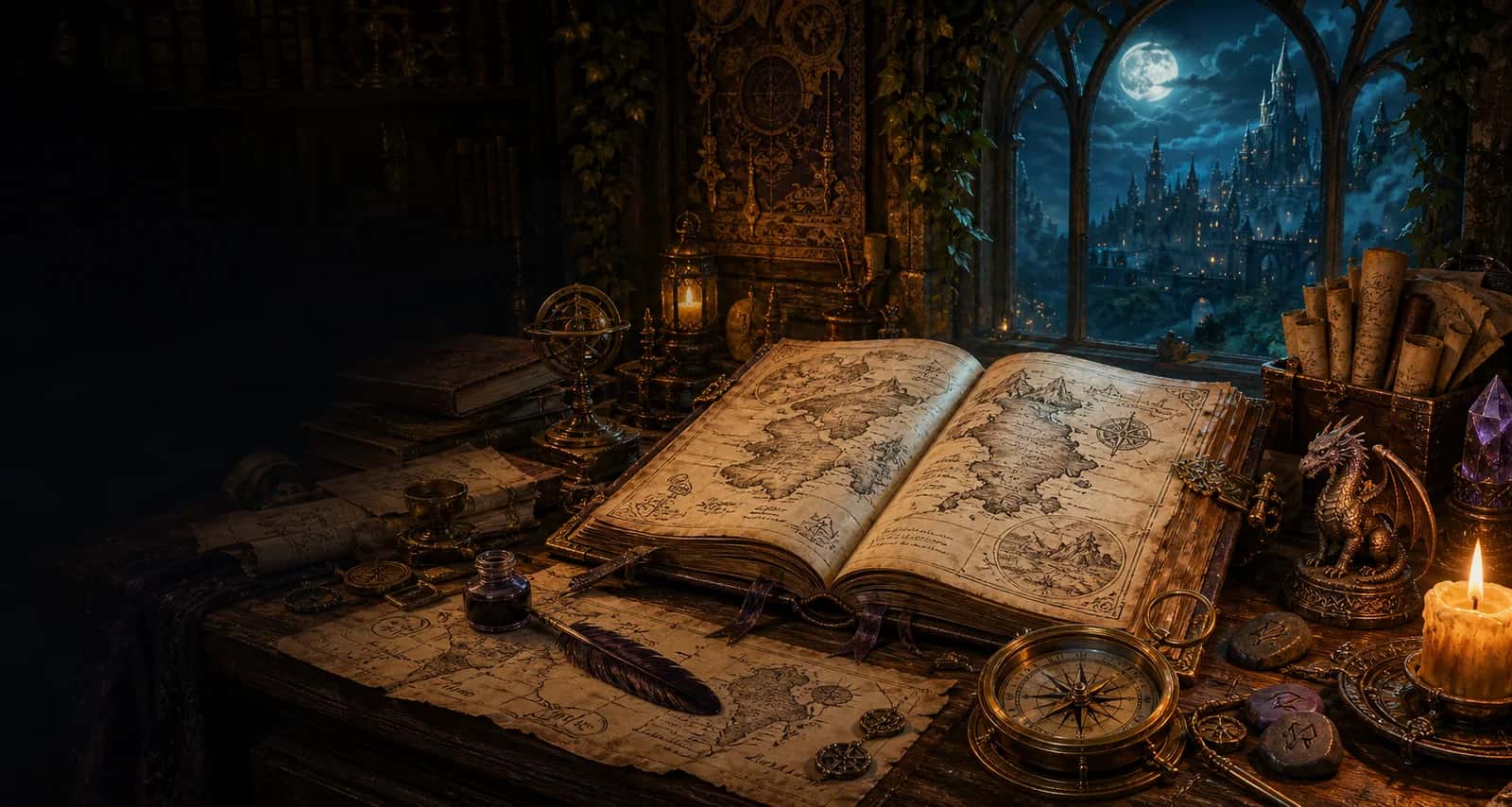 An illuminated fantasy atlas, compass, quill, and maps on a cartographer's desk