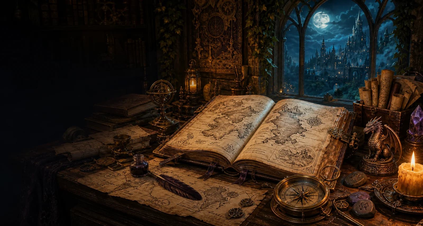 An illuminated fantasy atlas, compass, quill, and maps on a cartographer's desk